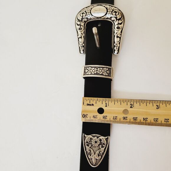 Western Embossed Metal Floral Scrolled Black Leather Double Buckle Belt